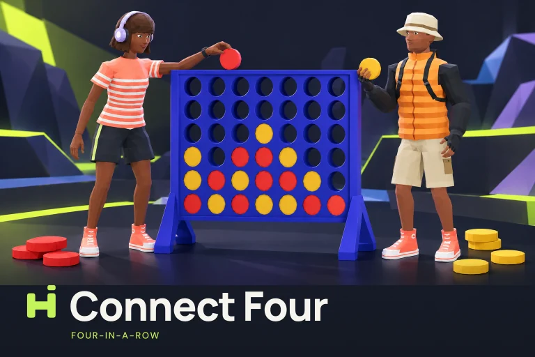 Dois jogadores a deixar cair fichas vermelhas e amarelas num grande tabuleiro azul de Connect Four