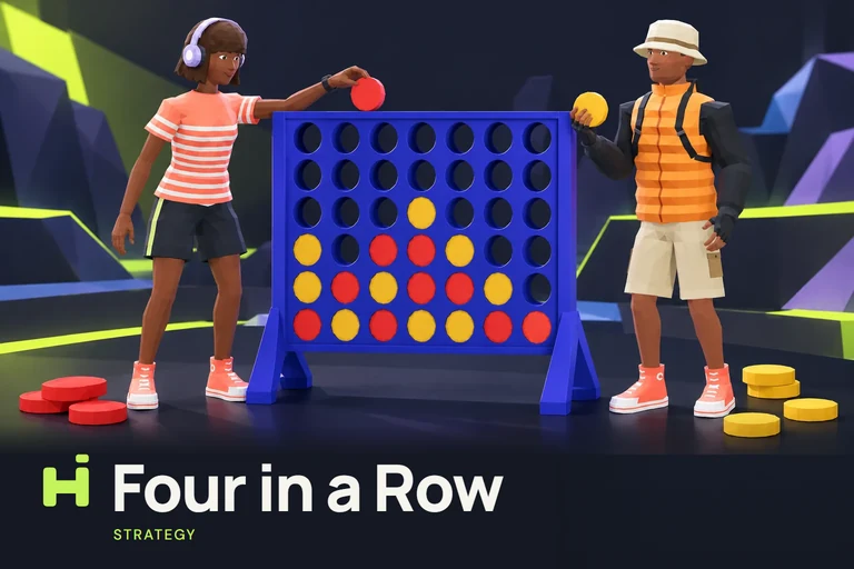 Two players dropping red and yellow discs into a big blue Connect Four board