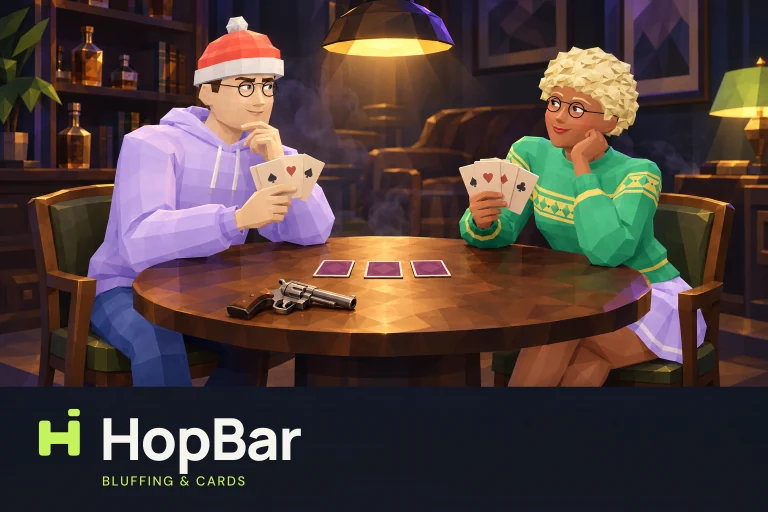 Dois jogadores do HopBar com cartas na mão a uma mesa redonda numa sala dos fundos mal iluminada, com um revólver em cima da mesa