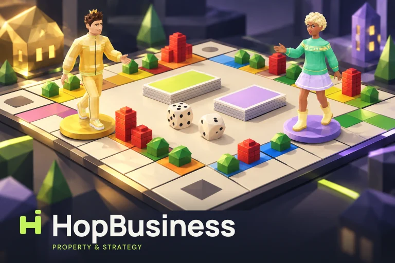 Personagens do HopBusiness num tabuleiro de propriedades colorido com casas, hotéis e dados