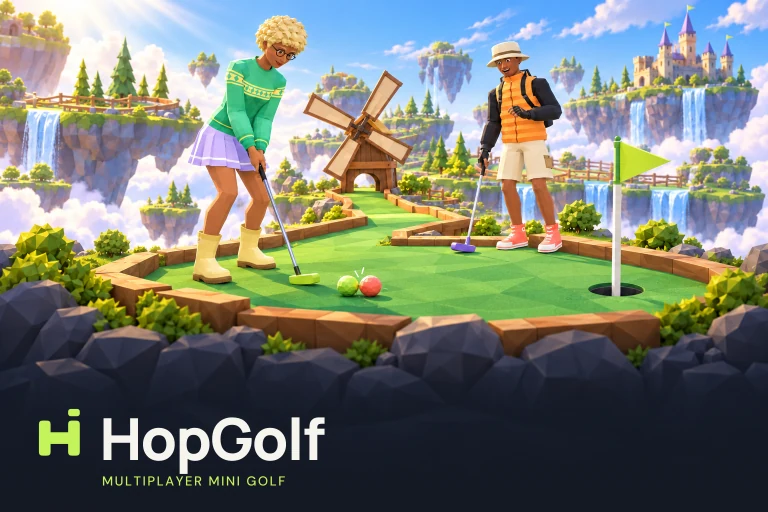 Two players putting on a floating island green, with a windmill and a castle behind them, in HopGolf