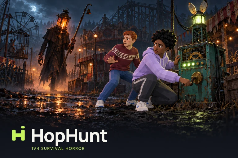 The Lamplighter stalking two runners as they repair a beacon in the abandoned Hopland fairground in HopHunt