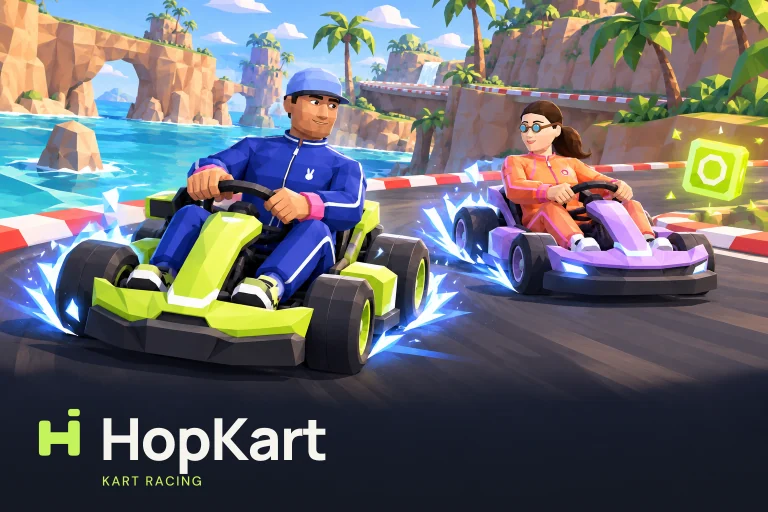 Dois pilotos do HopKart a derrapar com karts, entre faíscas azuis, numa pista à beira-mar