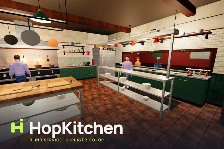 A busy HopKitchen kitchen: a cook at a blazing stove, a cutting board on the island and customers waiting at the serving hatch