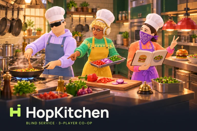 A busy HopKitchen kitchen: a cook at a blazing stove, a cutting board on the island and customers waiting at the serving hatch