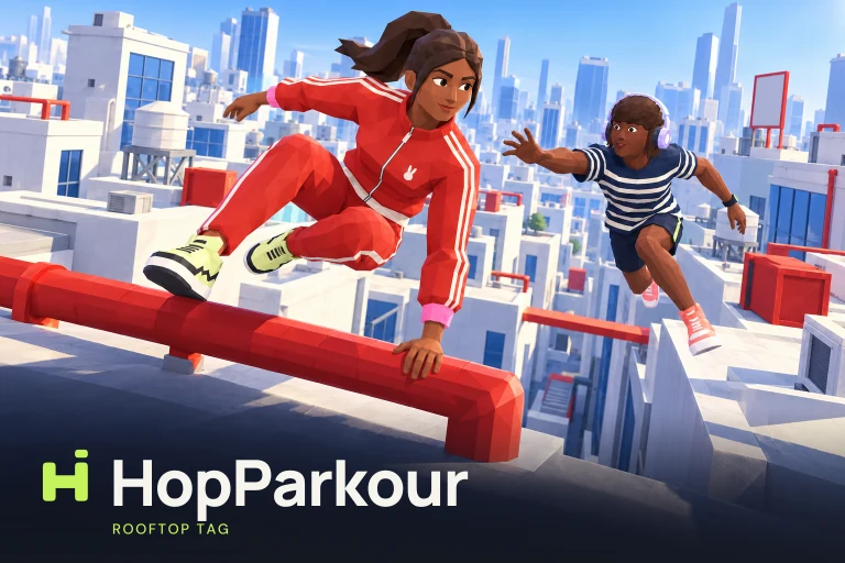 A runner vaulting a red pipe on white rooftops with a chaser close behind in HopParkour