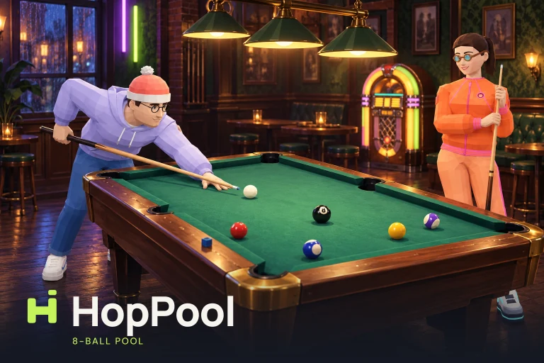 A player leaning over the table to take a shot in the neon-lit corner bar of HopPool
