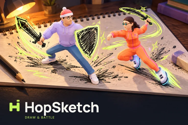 Duas personagens do HopSketch a lutar com uma espada e um escudo desenhados à mão numa página de caderno