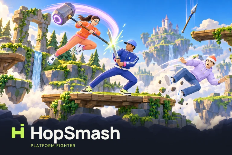 Two HopSmash fighters trading blows on a floating island above the clouds