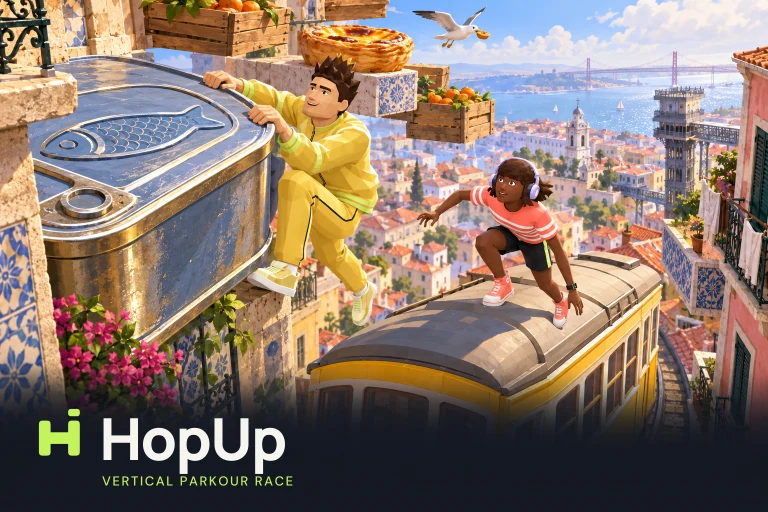 A climber jumping between giant objects on a tower above the rooftops of Lisbon in HopUp