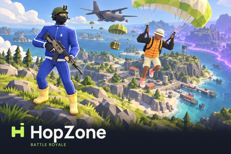Um jogador do HopZone com uma espingarda num penhasco, enquanto outro desce de paraquedas em direção à ilha a partir de um avião de carga