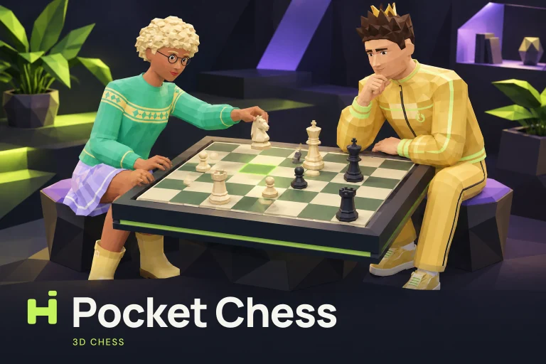 Dois jogadores debruçados sobre um tabuleiro de xadrez 3D no Pocket Chess