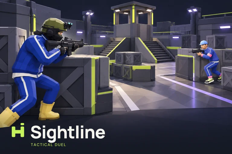 Um jogador do Sightline a apontar uma espingarda por trás de caixotes numa arena murada, enquanto um rival se agacha do outro lado do mapa