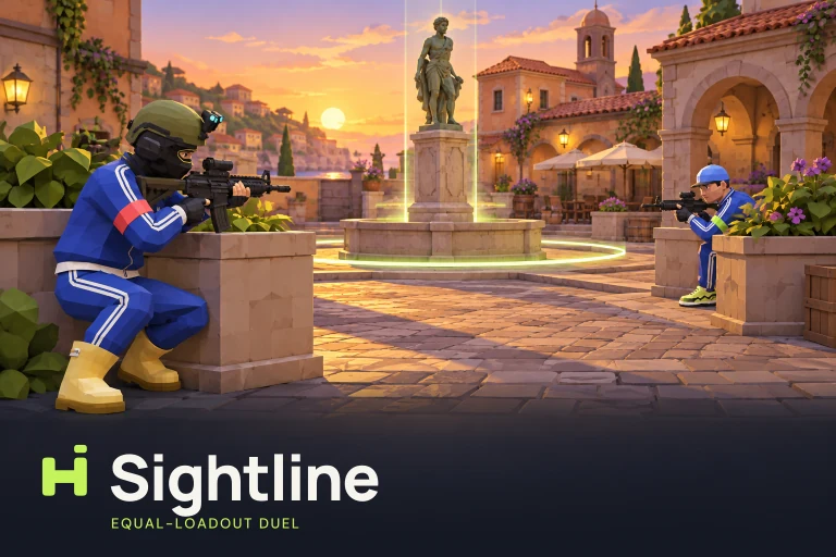 A Sightline player aiming a rifle across a prison yard at a rival behind a guard tower